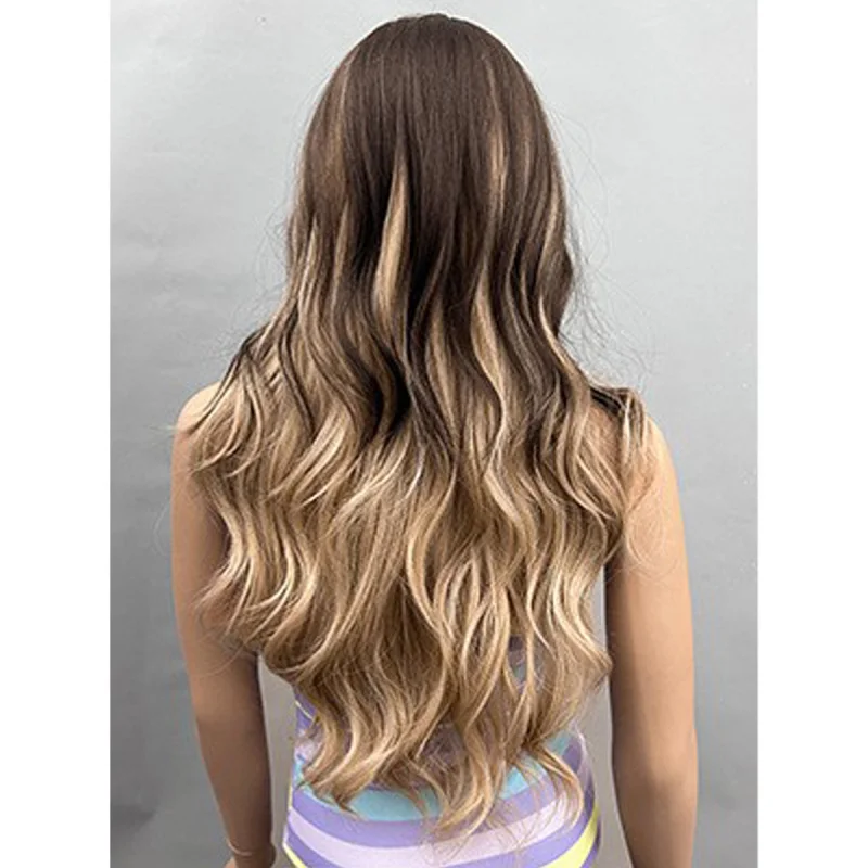 باروكة رأس كاملة للنساء، الجزء الأوسط، شعر ذهبي طويل مجعد، مموج مائي طبيعي مجعد قليلاً، ألياف صناعية مقاومة للحرارة،