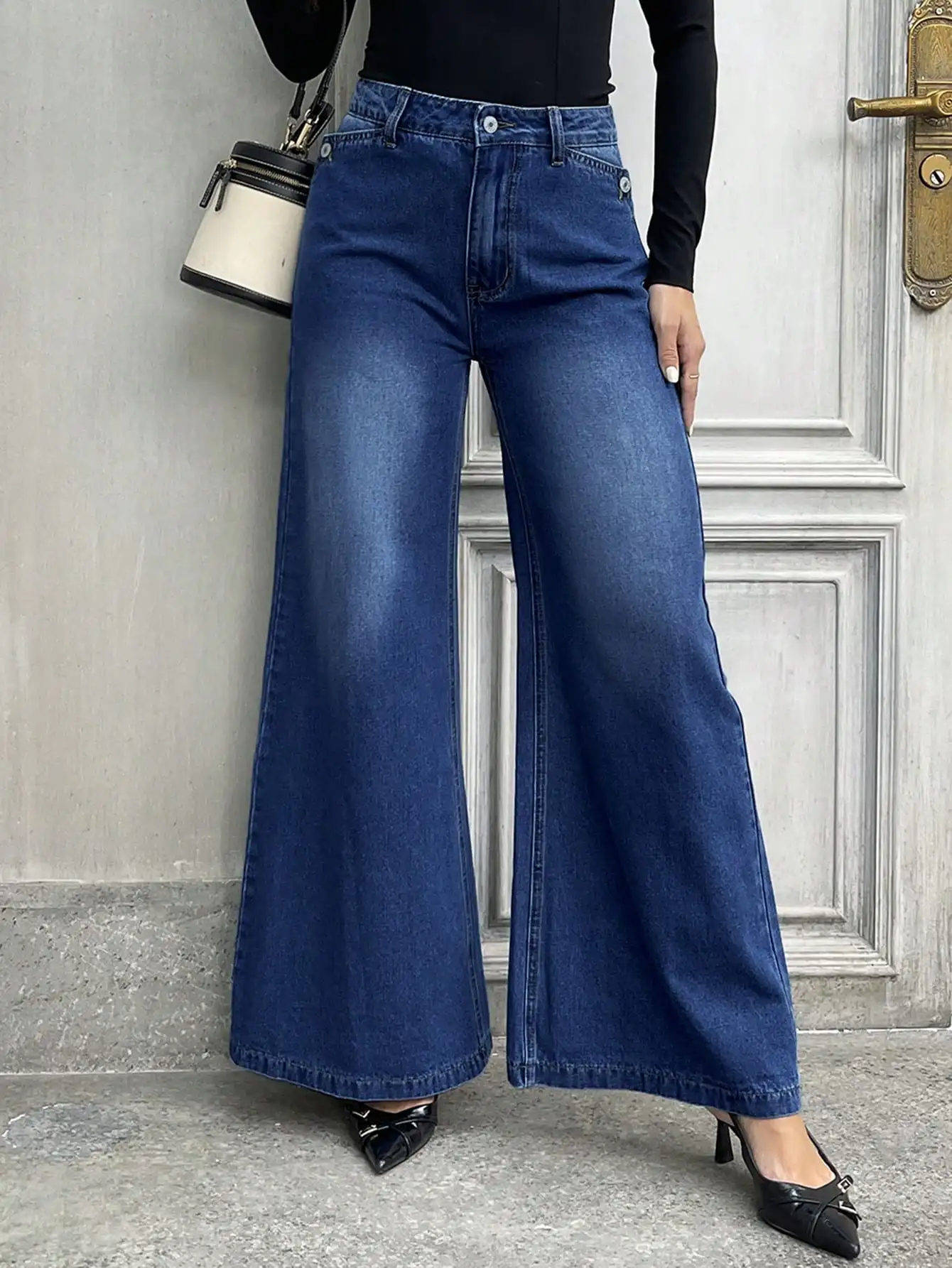 

Women's High - Waisted Wide Leg Jeans 2025 Trendy Retro Flare Stretch Denim Button Front Full Length Pants