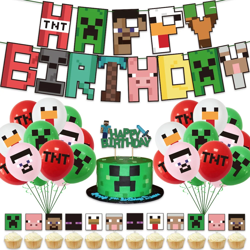  38pcs a set for Minecrafte Happy Birthday Banner Party Decoration Anime Spiral Ornament Cake Topper Supplies Party Supplie Toy