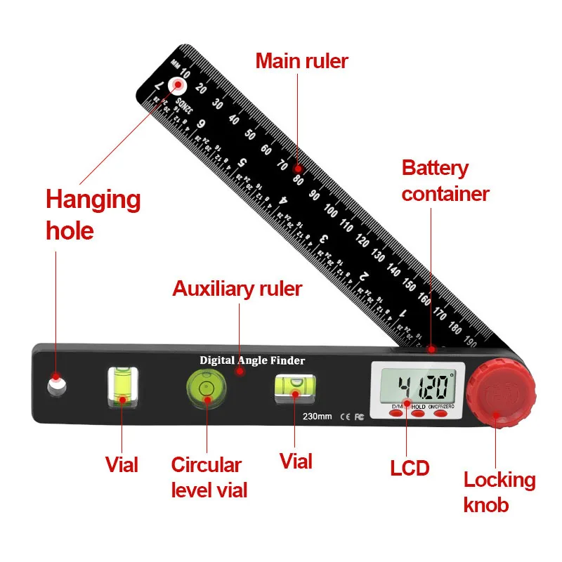 4 In 1 Digital Angle Ruler Protractor 3 Bubble Level Guage LCD Display Angle Finder Woodworking Measuring Tool 0-195mm/0-7inch