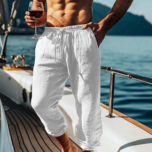 Men's Lightweight Pants Cotton Linen Pants Summer Casual Beach Pants Elastic Waist Solid Color Breathable Comfortable Trousers