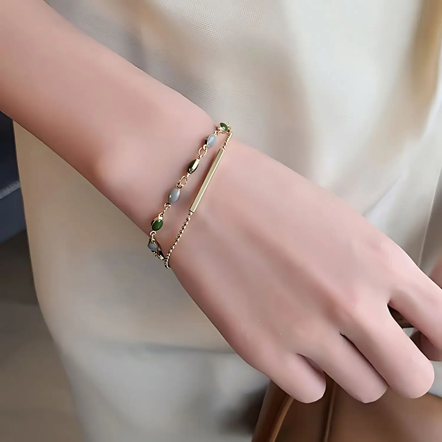 Vintage Zircon Bracelet for Women - Gold Color Beaded Chain, Double Layered Design, Adjustable Length - Elegant Accessory image 3