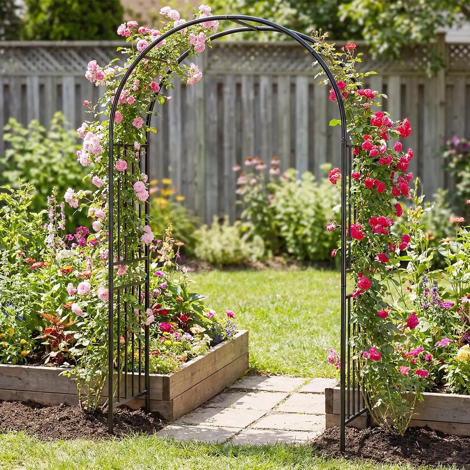 Metal Garden Arch Arbor Trellis With Ground Stakes Heavy Duty Steel Structure For Climbing Plants Vines Wedding Archway Floral Decoration Lawn Backyard Outdoor Event Party 1 Pack