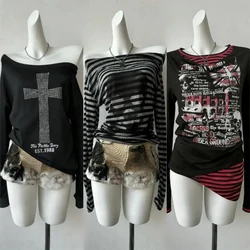 Y2k Vintage Pink Tshirts Slim-fit Halter Slip Short Sleeve Print Y2k Harajuku Fashion Casual Tops Chic Retro Gothic Punk Tees