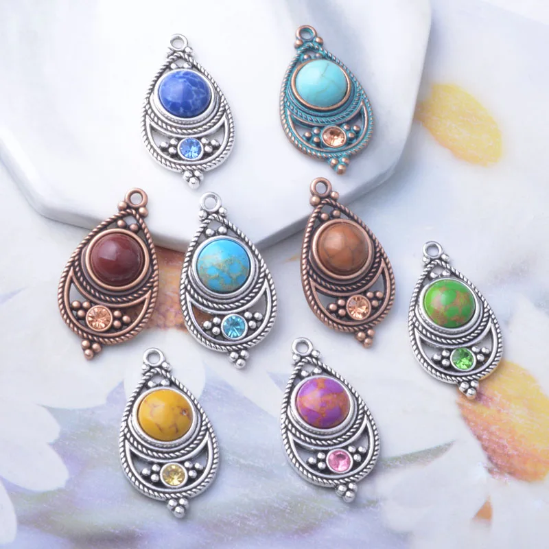 10 Stück Böhmischer Stil Antik Silberfarbene Stein- und Acryl-Anhänger Zinkmetall-Ohrringe Anhänger Zubehör DIY Damenschmuck – Detail 15