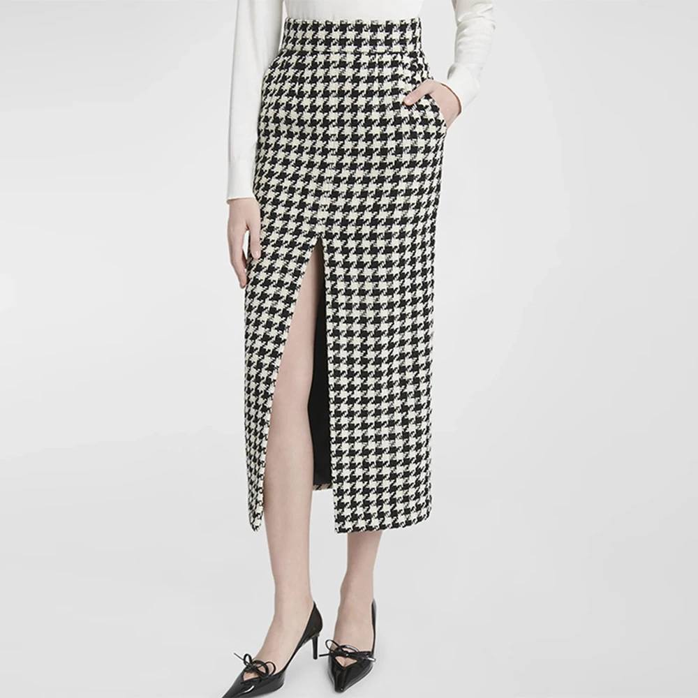 TWOTWINSTYLE Houndstooth Two Piece Set For Women Notched Collar Long Sleeve Tunic Blazer High Waist Skirt Elegant Sets Female