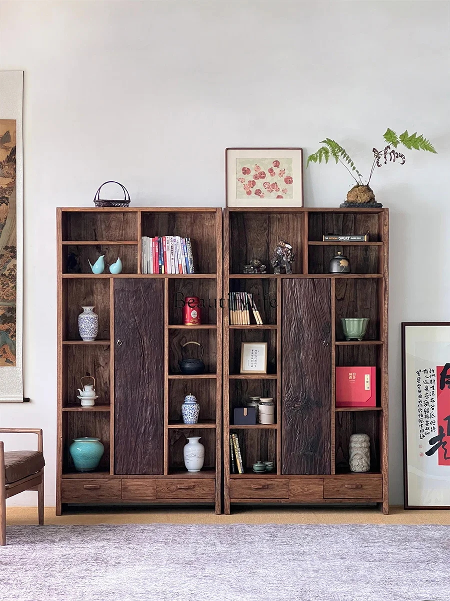 

ls 27Wabi Sand Wind Bogu Frame Solid Wood Tea Cabinet Shelf Bookcase Combination