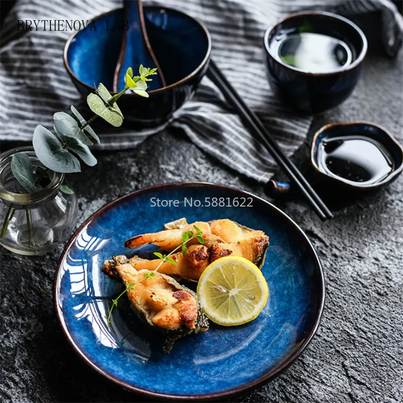 Japanese-style Deep Blue Ceramic Steak Plate Tableware Porcelain Tableware Set Dinner Dessert Plate Soup Bowl Tea Cup Sauce Dish