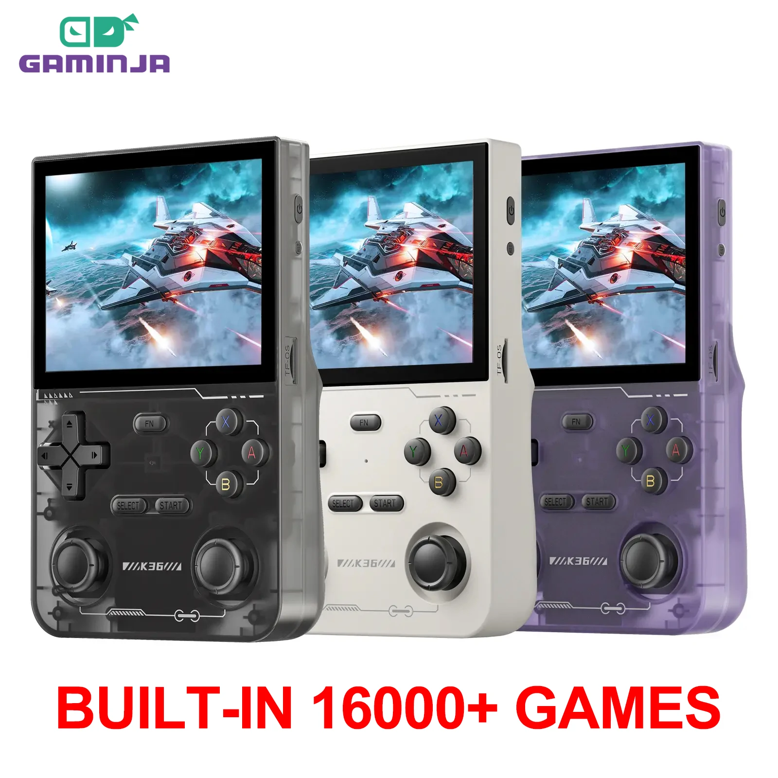 GAMINJA K36 3.5Inch IPS Screen Handheld Game Console 64GB Memory Classic Games Portable Handheld Open Source Game Console