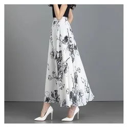 2024 Summer New Retro Black White Printed Chiffon Skirt Female High Waist A-line Long Skirt Large Flower Skirts for Women