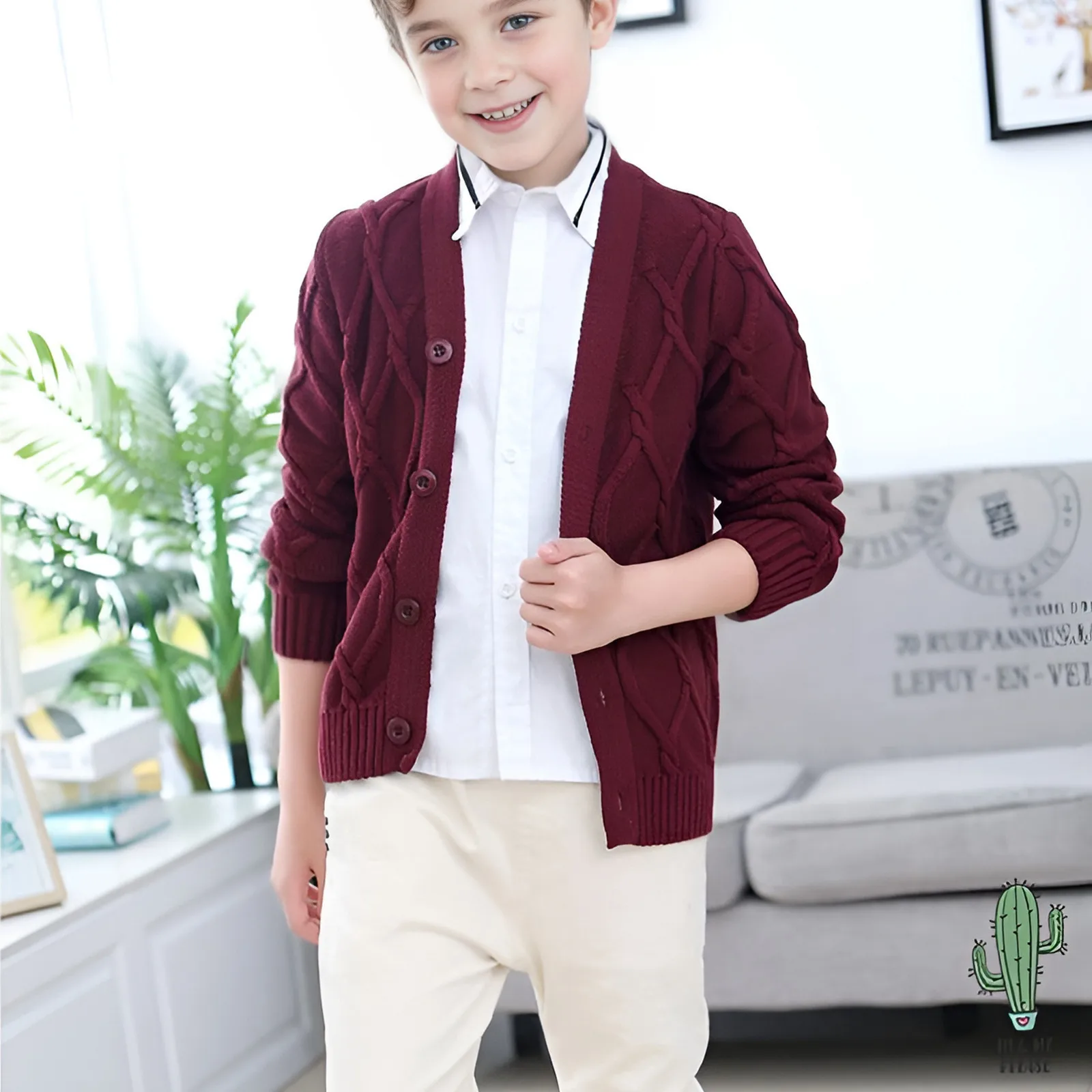 

Hot Sales Spring Autumn Boys Sweater Solid Color Keep Warm Knitting Jacquard Weave V-Neck Cardigan For 2-10 Years Old Kids 2025