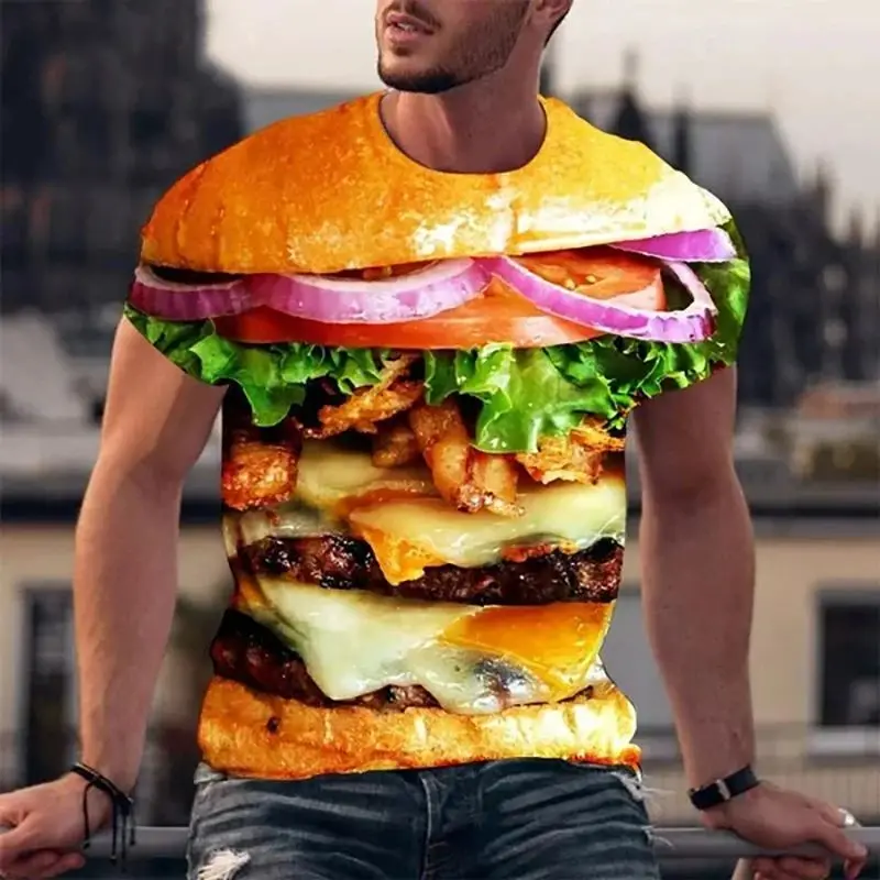 Summer Men\'s Fashion Creative Food Hamburger Pattern 3d Printed T-Shirt Personality Street Loose O Collar Short Sleeve 6xl