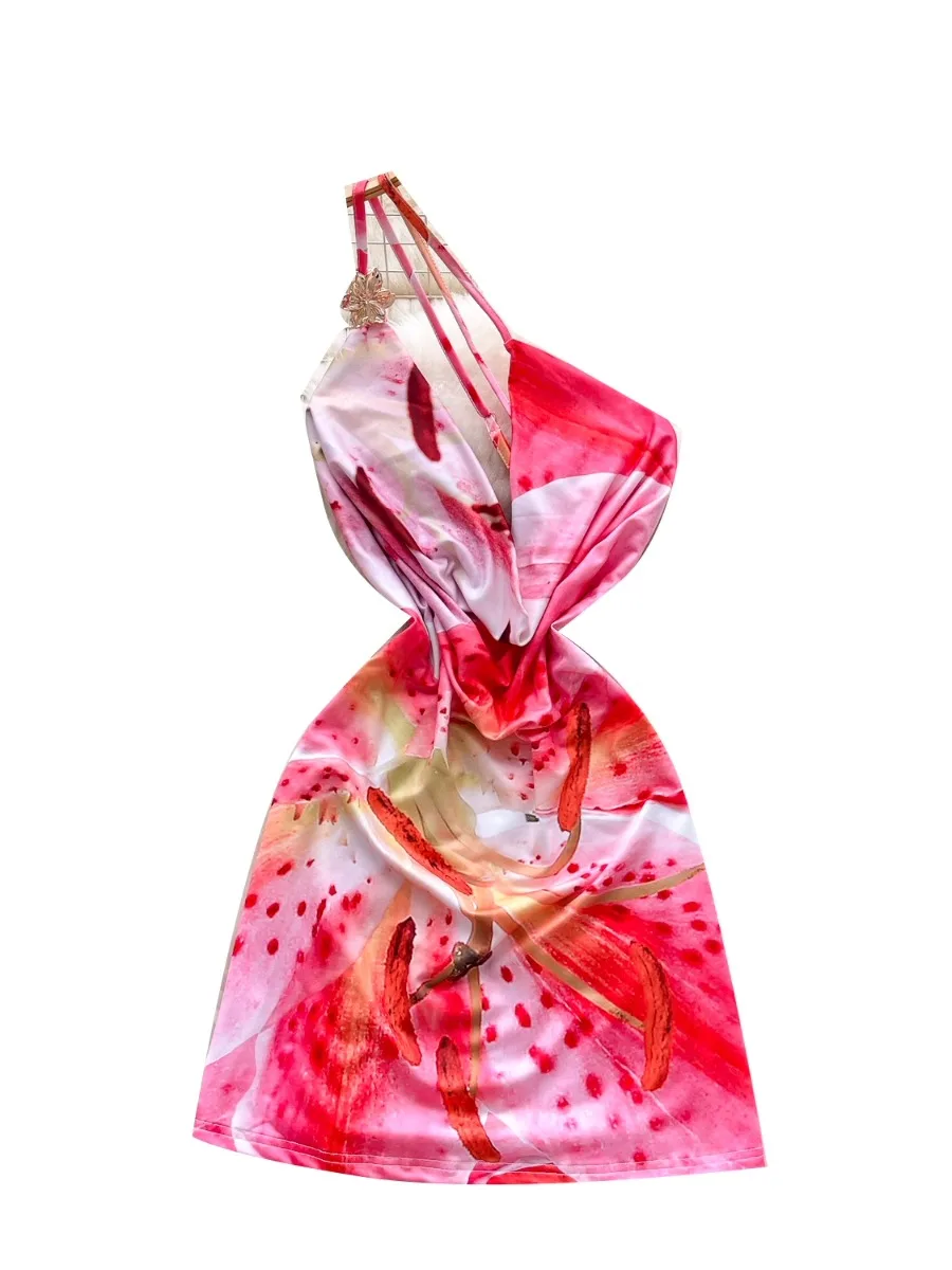 Foamlina ฤดูร้อนคอ SLIM FIT PURE Desire สาวร้อน Bodycon ชุดมินิยุโรปเซ็กซี่ Slanted COLLAR พิมพ์ Halter Dresses