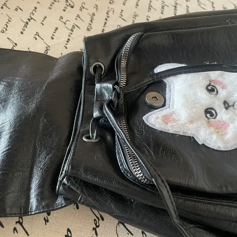 MBTI Y2k Damen Rucksack Schwarz Süße Katze Patchwork Lässige Mode Pu Leder Rucksack Beliebte Designer Gothic Kawaii Weibliche Tasche