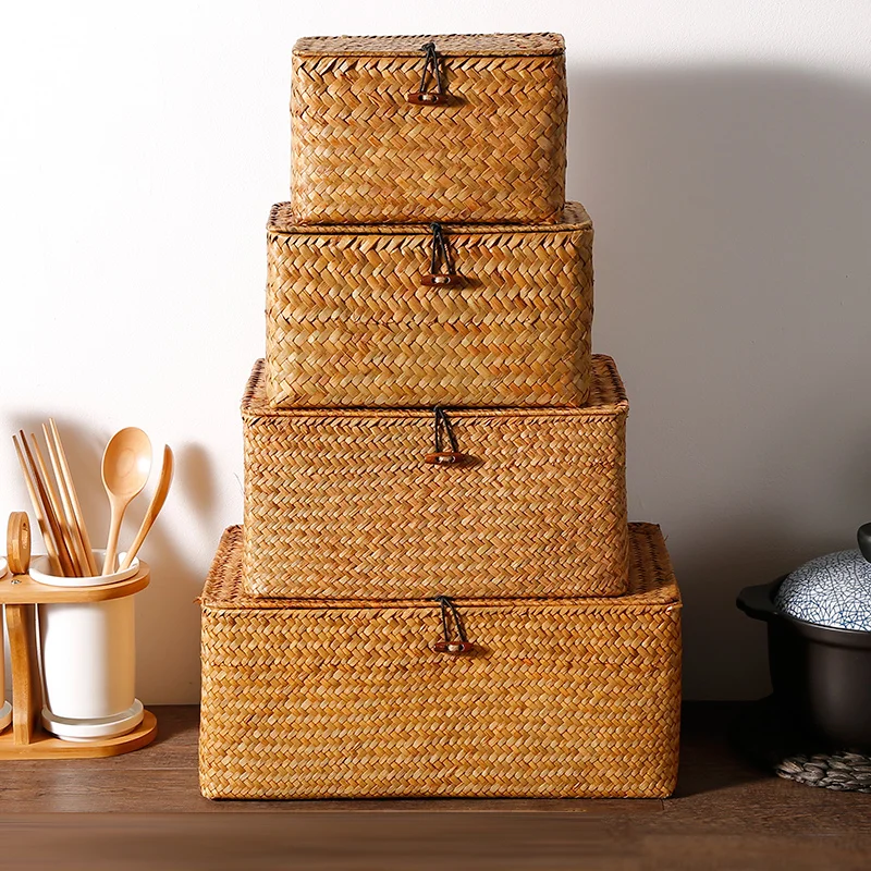 1PCS Manual Woven Storage Basket Lid Debris Consolidation Storage Box Storage Basket Sorting Box Jewelry Box