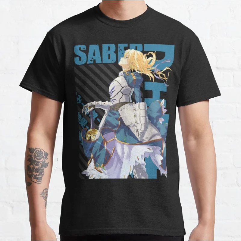 Cute Anime Saber kawaii video game Fate stay night Short-sleeve crewneck T-shirt for men large size Adult Tops S-6xl