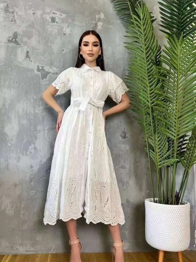 Summer Retro Long Dress Wmen Lapel Flared Sleeve Single Breasted Hook Flower Hollow Out A-line Dresses Ladies Elegant Long Robe