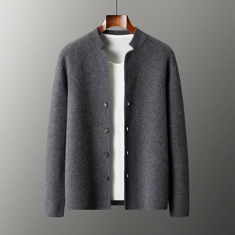 Autumn Winter Thick Men's Stand Up Collar Cardigan 100% Cashmere Knitted Coat Casual Business Warm Clothing Solid Color Jacket