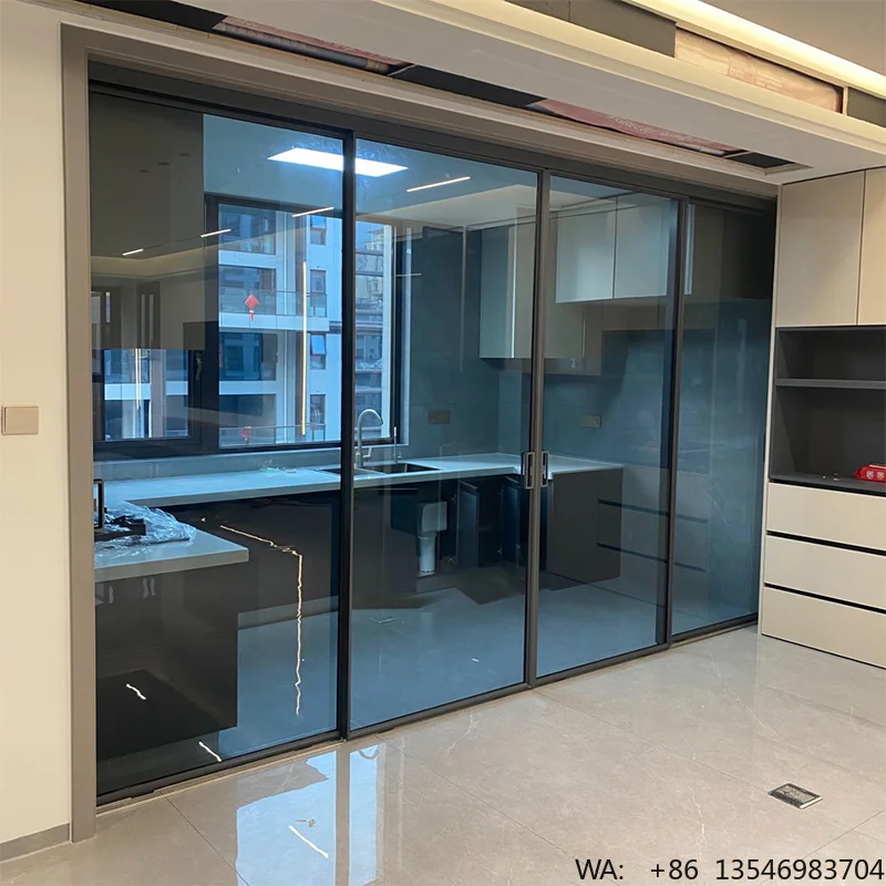 ZEYI Modern Ultra-Slim Aluminum Alloy Sliding Doors Flush Sill Internal Glass Panels Sound Insulation Automatic Sliding Door
