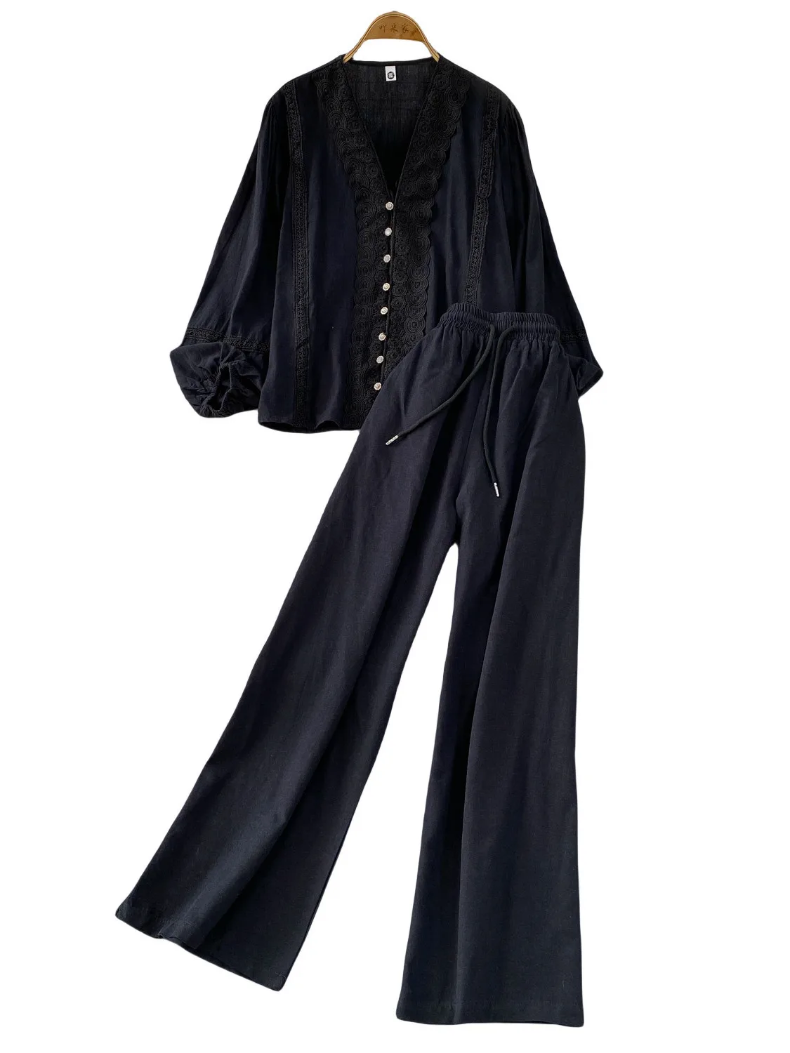 الوردي الثقيلة التطريز الدانتيل لصق عارضة عالية الخصر ضئيلة واسعة الساق السراويل مجموعة مع فانوس Sve irt لطيف الرياح Sle #5