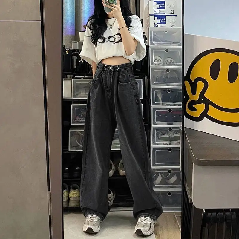 

Осенняя одежда Корейские женские широкие синие джинсы Женская одежда больших размеров Tie Dye Отбеленный нерегулярный дизайн Градиент Разноцветный