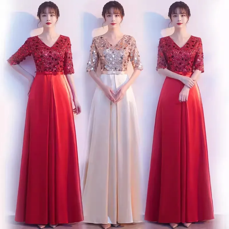 The Chorus Performance Costume Women Champagne Long Skirt 2023 New Red Song Competition Costume Team Recited The Evening Dress