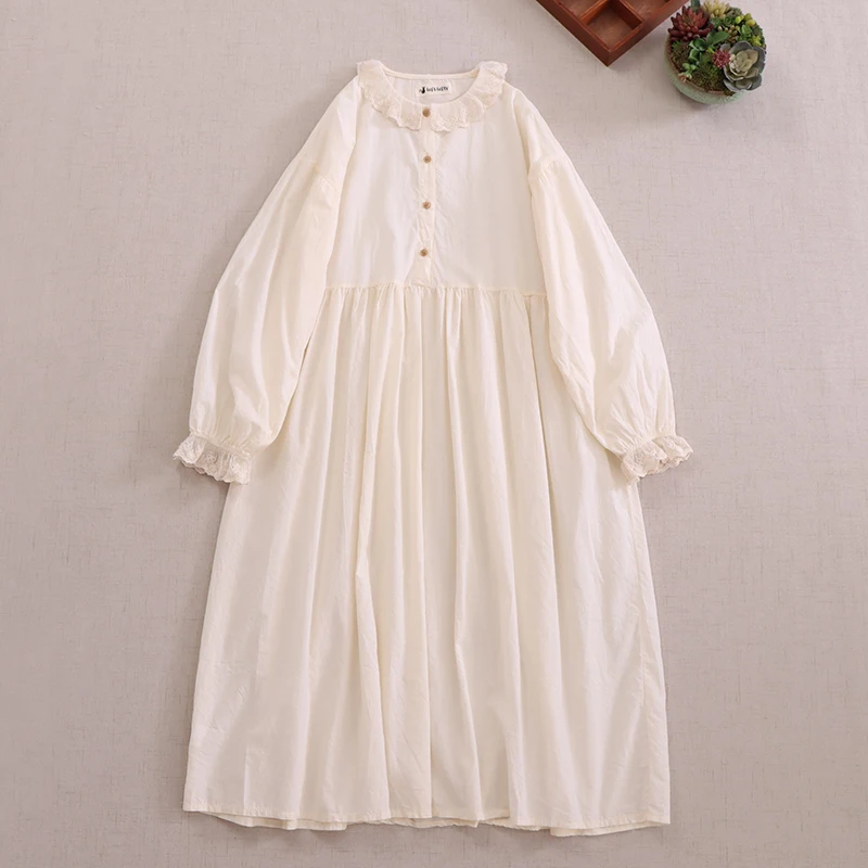 

Japan Style Sweet Lace Solid Color Cotton Midi Dress Women Spring Autumn Mori Girl O-Neck Long Sleeve Casual Loose A-Line Dress