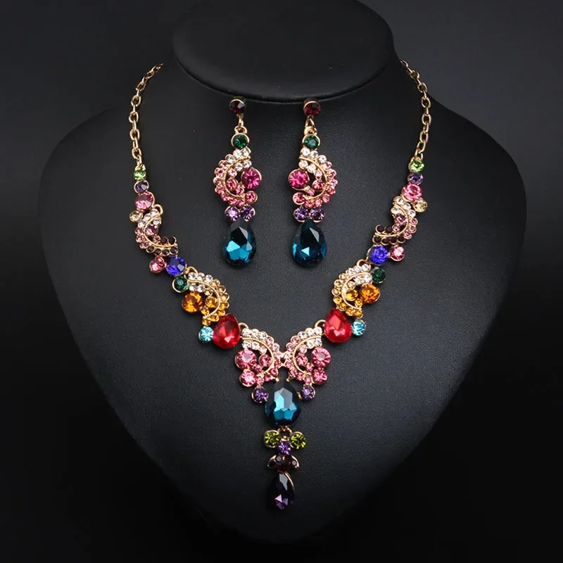 Statement Sector Alloy Inlay Crystal Water Drop Pendant Necklace Earring Vintage Gold Color Chain For Women Bridal Jewelry Sets