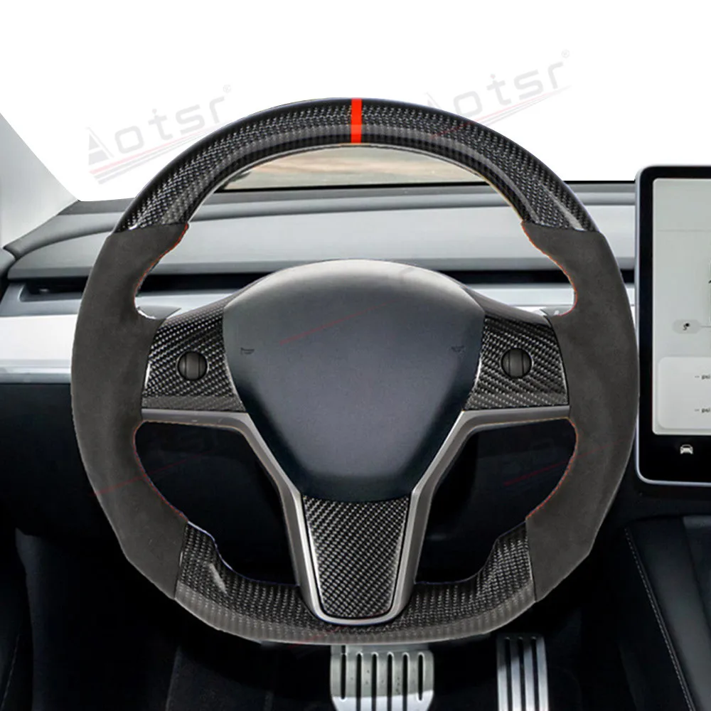 Car Carbon Fibre With Heating Steering Wheel For Tesla Model 3 Model Y Interior Replacement Parts Customized Steering Wheel