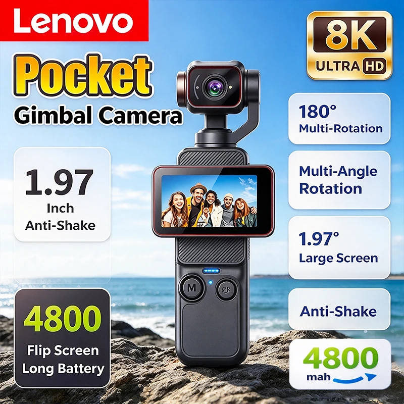 Lenovo 8KHD Handheld Pocket Action Camera Video Recorder 180° Automatic Rotation Lens 1.97'' Screen Sports Pocket Vlog Camcorder