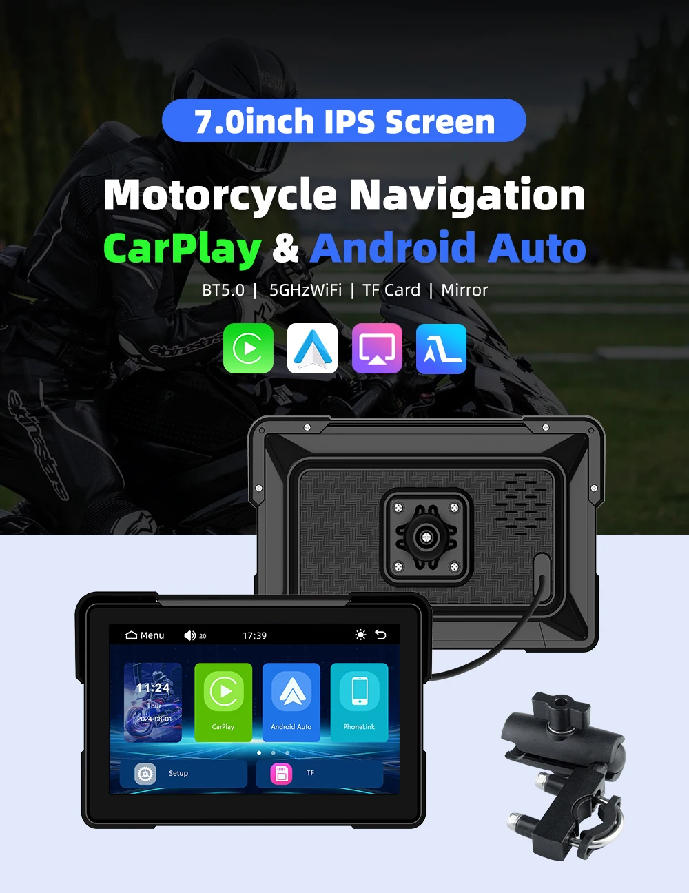 

Top IP67 waterproof EKIY 7 Inch Linux WIFI BT5.0 Motorcycle Wireless CarPlay Android Auto Screen Navigation support TPMS/2ch-DVR