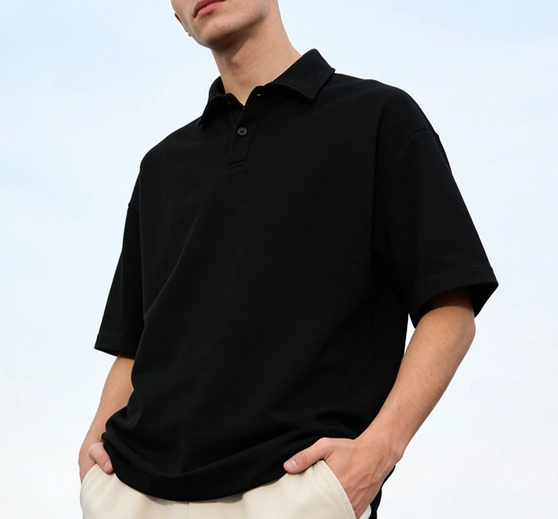 Summer New 290g Heavy Lapel Polo Shirt Simple Split Shoulder Loose Short Sleeves