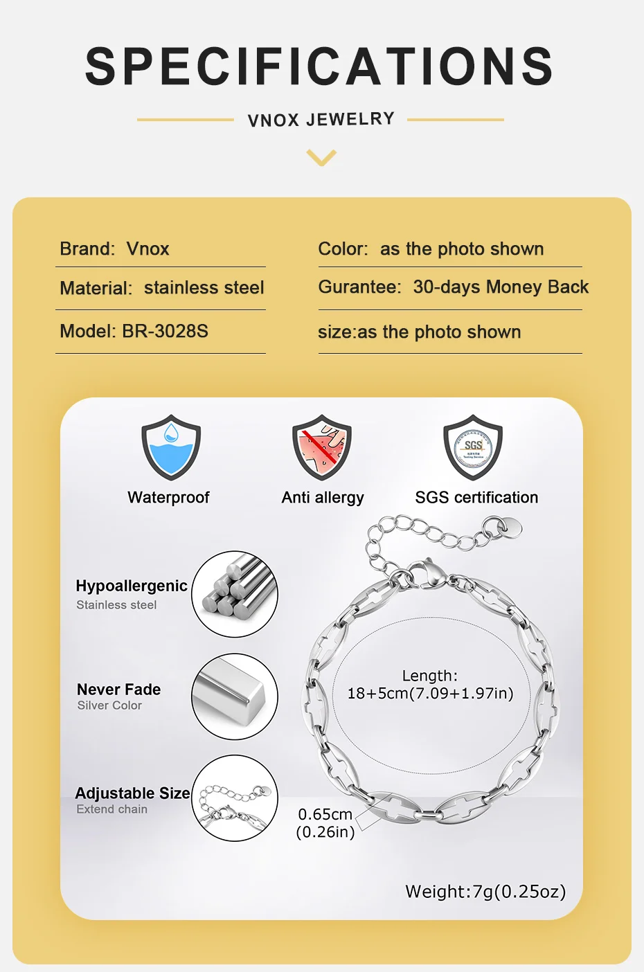 Vnox Kreuz-Ausschnitt-Kettenarmband, Edelstahl Verstellbares Gliederarmband für Männer und Jungen, Minimalistisches Silberfarbenes Schmuckgeschenk – Detail 4