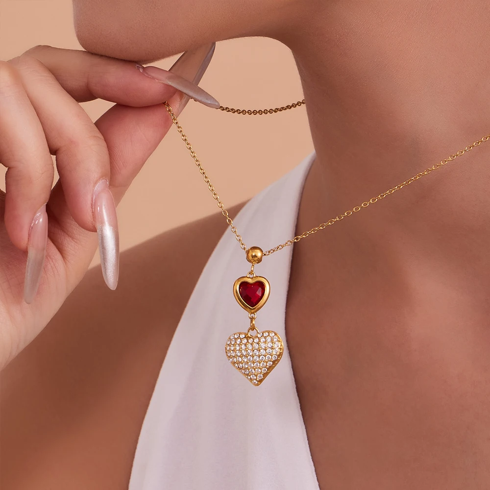 

ENFASHION Para Mujer Heart Ruby Zircon Pendant Necklace For Women's Stainless steel 18K Plated Gold Delicate Jewelry P253641