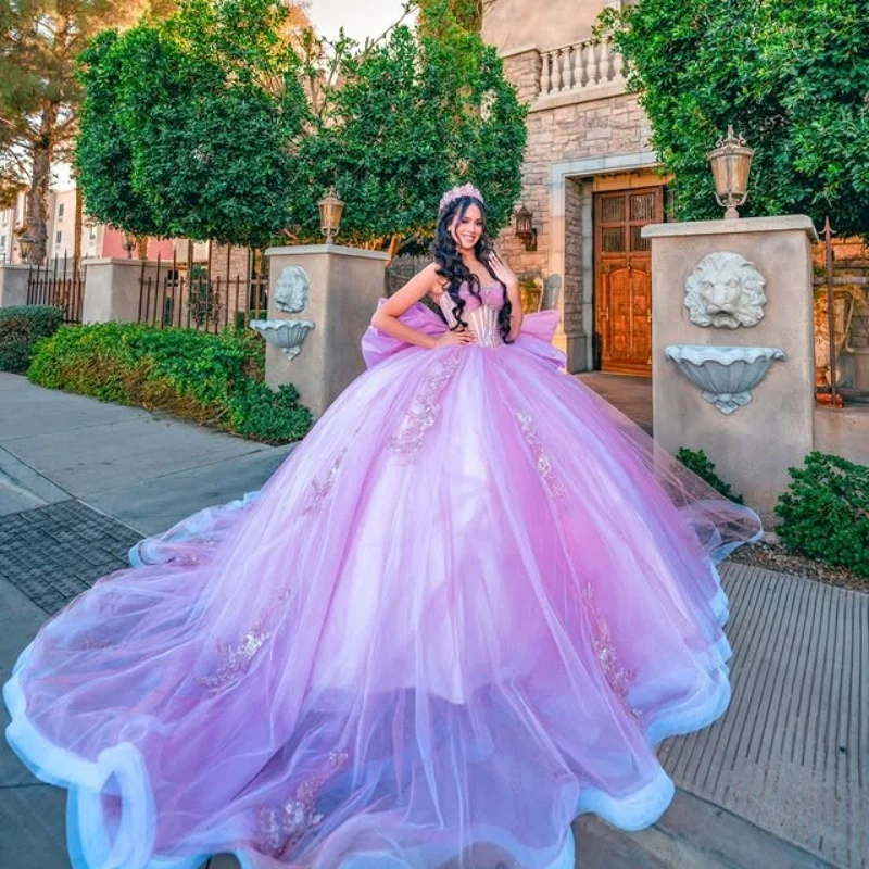 Розовые платья Quinceanera по индивидуальному заказу с открытыми плечами, сексуальная аппликация, многослойное кристаллами, тюлевое платье с большим бантом, Vestido De 15, Quinceanera