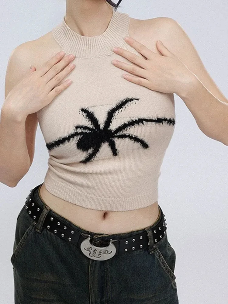 

Women's Sleeveless Knitted Spider Collision Sweatshirt, Cool Girl Top, Hollow, Open Back T-Shirt, Dark Sexy, Retro, Summer, Y2K