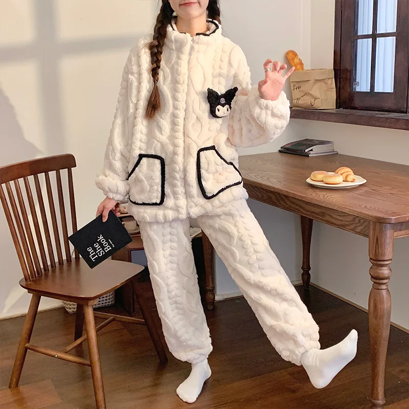 Kawaii Kuromi My Melody Cinnamoroll Pajamas Anime Cartoon Sanrio Autumn Winter Flannel High Collar Zipper Warm Loungewear Set