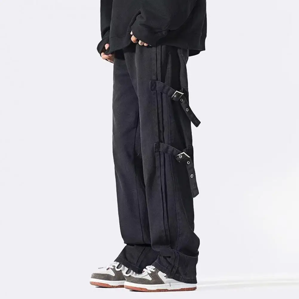 

Buttoned Leg Trousers Stylish Men's Mid-rise Cargo Pants with Side Buckle Design Straight Wide Leg for Long-lasting for Boys