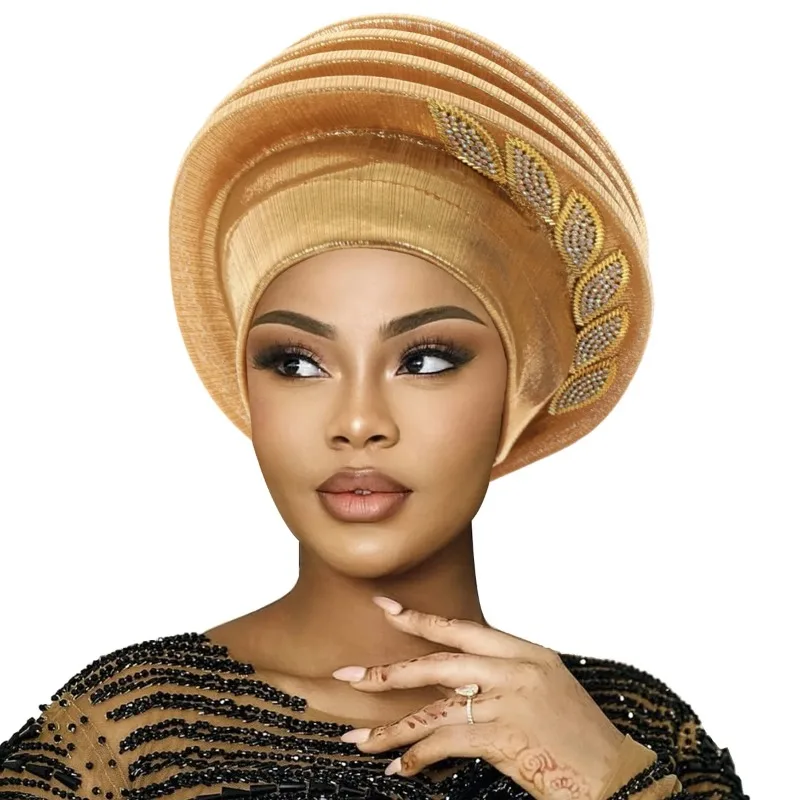 Women African Turban Beret Hat Leaves Diamonds Spiral Gele Headwrap for Ladies Party Wedding Polyester