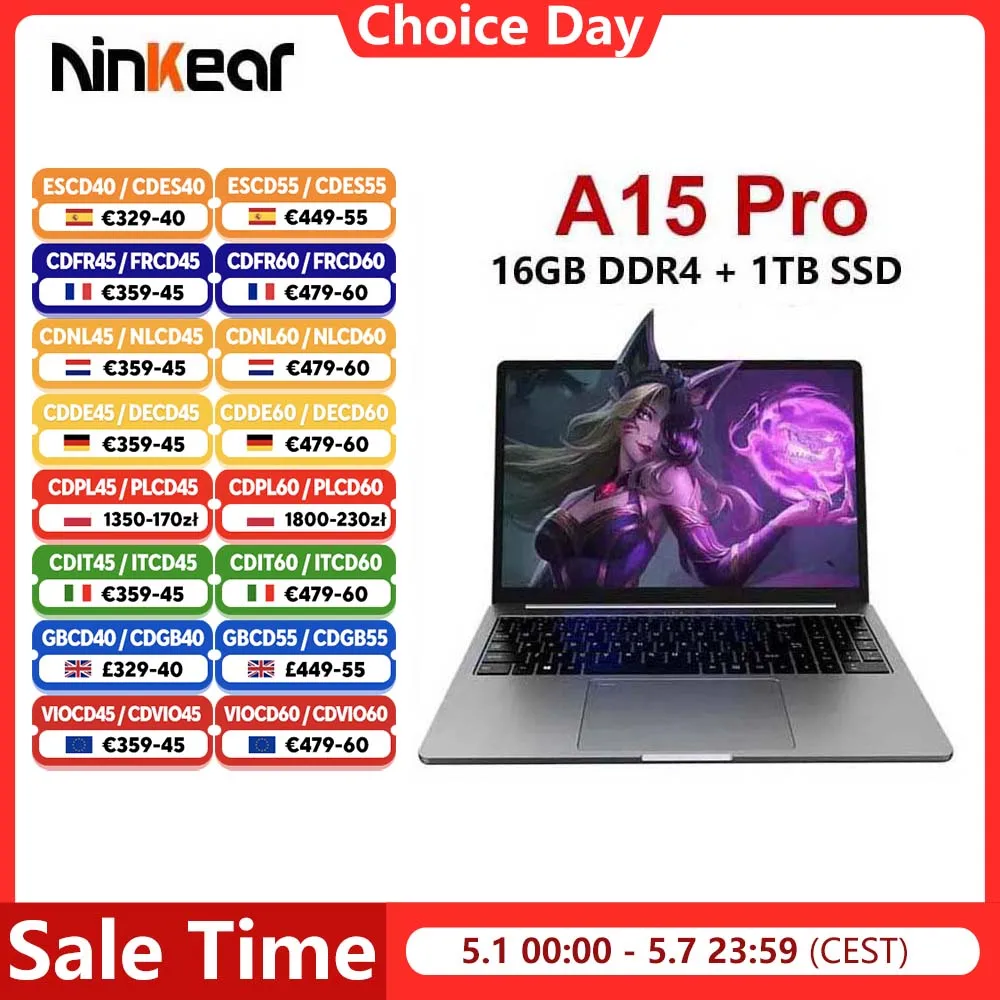 Laptop Ninkear A15 Pro 16GB 1TB AMD Ryzen 5 16 cali 120Hz Ekran 2560*1600 Odcisk Palca do Odblokowania Komputer Przenośny