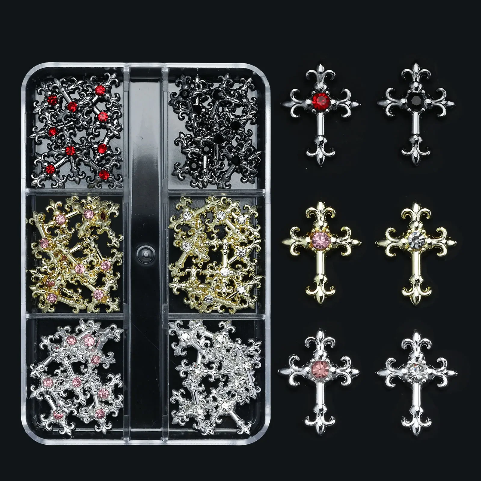 12Grids 3D Exquisite Kreuz Nail art Strass Y2k Metall Punk Voll Glitter Diamant Kreuz Nagel Charms Flache-Rückseite schmuck Nagel Dezember