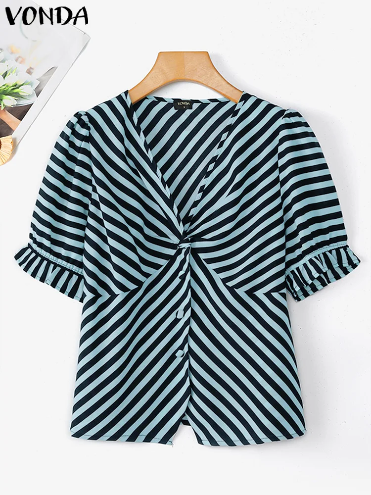 

Fashion VONDA Summer Tops Women Blouse Striped Tops V Neck Irregular Hem Blusas Streetwear Oversize Tee Female Tunic