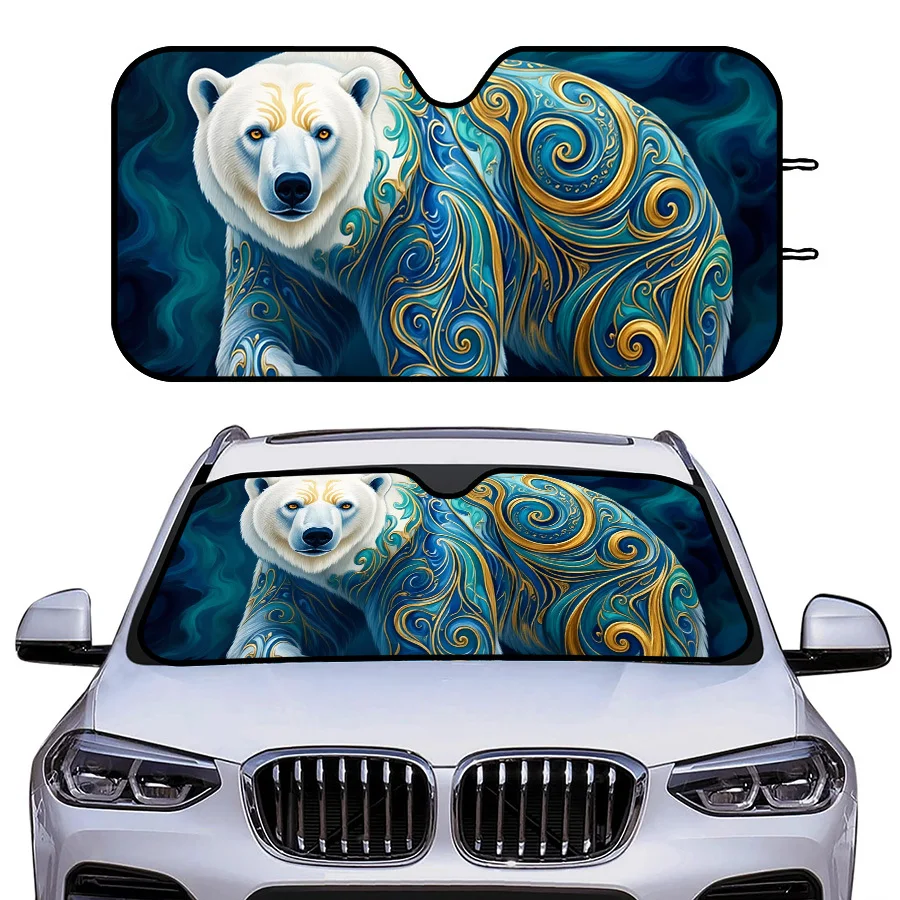 Multi-Functional Foldable Car Window Sunshade With 3 Sizes, Polar Bear Blue And Golden Swirl Design, UV Protection For Front Win