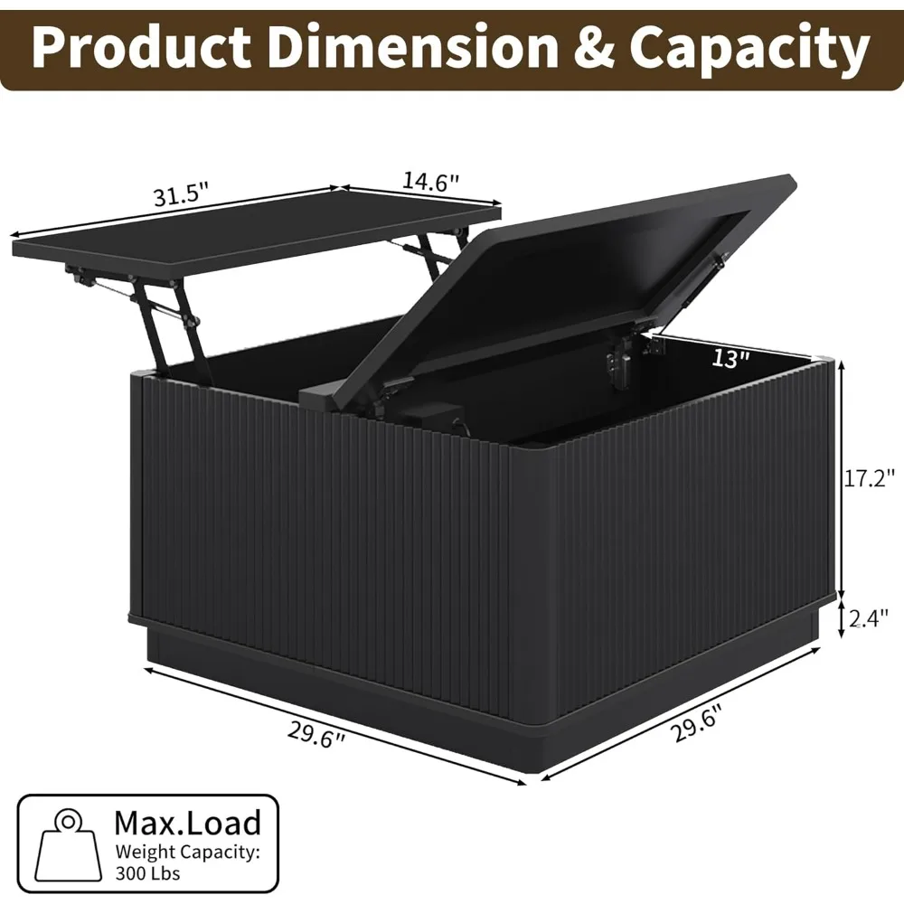 طاولة قهوة حديثة قابلة للرفع مع مساحة تخزين، طاولات قهوة مربعة مع إضاءة LED ومخرج طاقة، طاولة مركزية مربعة خشبية f #2
