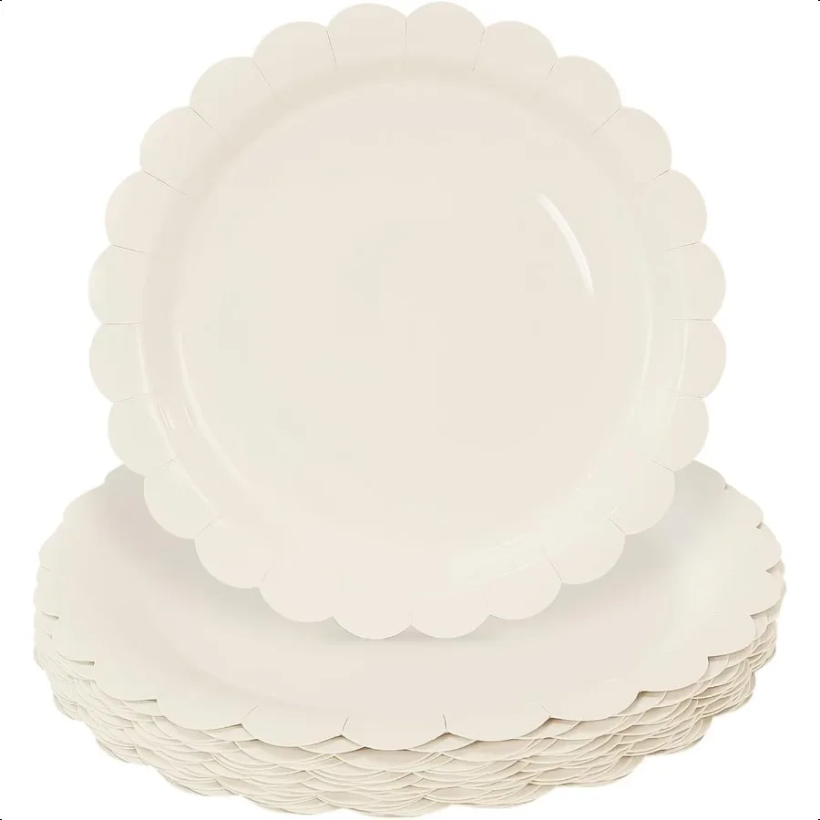 

50 шт. бумажные тарелки цвета слоновой кости, 7-дюймовые зубчатые тарелки цвета слоновой кости, обеденные тарелки для свадьбы, детского душа, дня рождения, дефертные тарелки