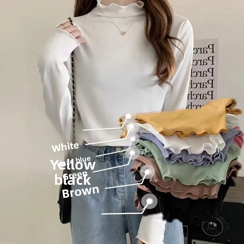 Soft Warm Mock Neck Base Layer Top Stretch Fabric Ruffle Trim Stretch Undershirt Long Sleeve Solid Color Slim Fit Base Layer