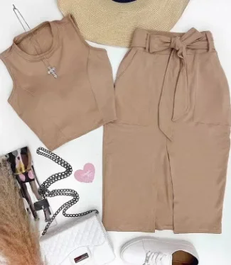 Conjunto de saia feminina vestido conjuntos de duas peças bodycon em torno do pescoço sem mangas colheita topos saias de comprimento médio rendas até cintura alta splice