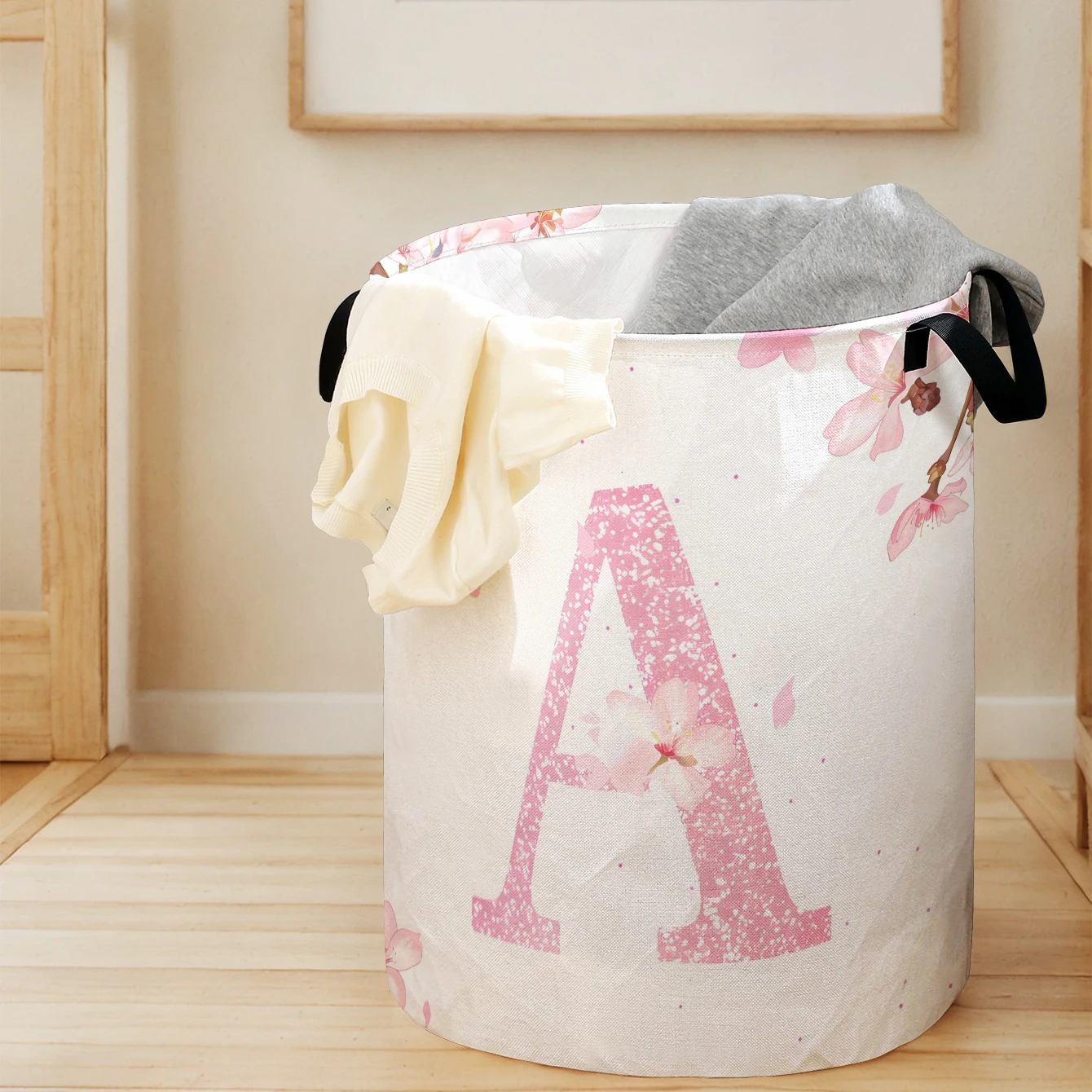 Cherry Blossom and Letter A Print Foldable Large Capacity Storage Bucket, Children's Toy and Clothing Storage, Home Bathroom