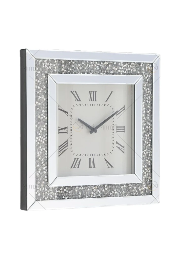 Mirror wall clock, glass , diamond decoration, , square frame, light luxury furniture, hanging de