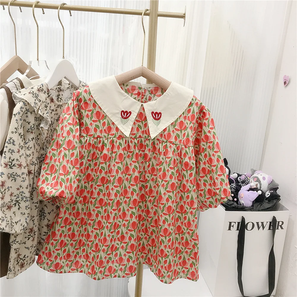 Children Girls 2024 Dress Turn Down Collar Embroidery Tulip Babys Girls Dress Sweet Floral Printed Bubble Sleeve Kids Girl Dress